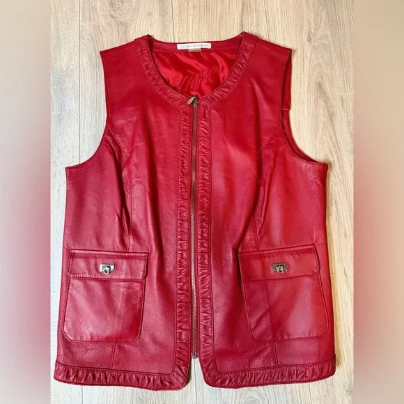 Peter Nygård Women’s Red Genuine Leather Zip Vest Size L Pockets, Stretch Back - Picture 13 of 14